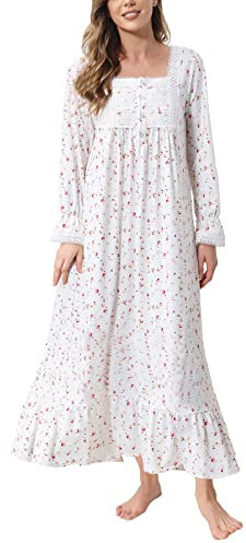 Rubehoow Chemise de nuit vintage à manches longues boutonnée sur le devant - En coton doux - Style victorien - Avec poches, Rose vintage, XXL