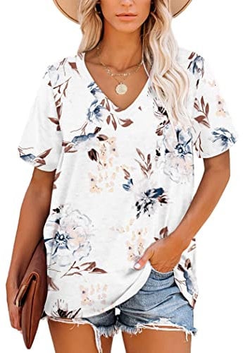 MOLERANI Women T Shirts Short Sleeve V Neck Summer Tops Casual Loose Tee Floral White Size 18-20