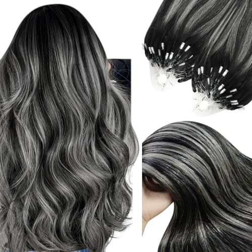 YoungSee Microring Extensions Echthaar Silber,Microring Hair Extensions Ombre,Micro ring Extensions Schwarz Balayage Silber,Micro Haarverlängerung Invisible,fur Damen,40 cm,50g,1B/S/1B