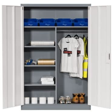 The Workplace Depot Extra Wide Metal Storage Cabinet, Lockable Doors, Adjustable Shelves, Grey Powder Finish, Industrial-Grade Steel, Ideal for Offices and Workshops, Flat-Packed