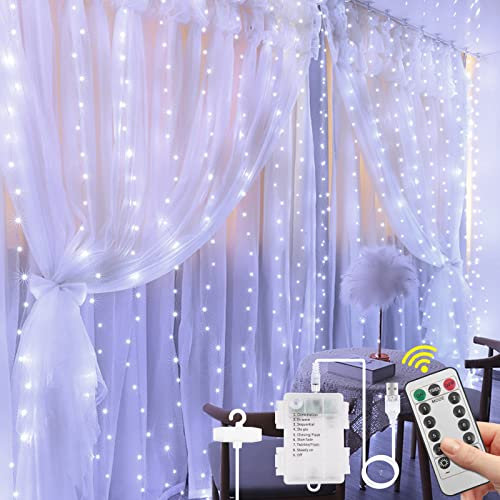 Vicloon LED Lichtervorhang, 3M*3M 300 LEDs 2 in 1 USB &Batterie Vorhanglichter mit Fernbedienung, IP65 Wasserfest, 8 Modi Vorhang Lichterkette, LED Lichterkettenvorhang für Weihnachten-Weiß
