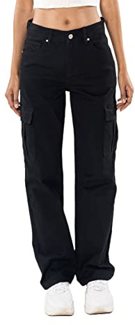 Nina Carter Q1885 Jean cargo stretch pour femme Taille haute Coupe droite, Noir (Q1885-1), XL