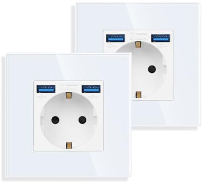 JIMEIDA Lot de 2 prises simples avec USB en blanc, prises Schuko en verre 16 A avec charge rapide, port USB max. 2,1 A, 86 mm, 250 V, 1 compartiment