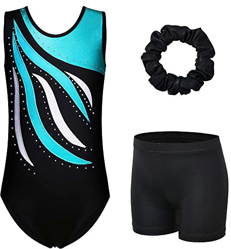 XFGIRLS Body da ginnastica per ragazze, a maniche lunghe, con brillantini, senza maniche, per danza classica, 3-16 anni, Nero Blu_Senza maniche, 13-14 Years