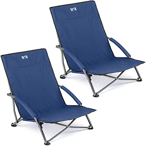Trail Sisken Low Folding Beach Chair, Navy Blue, 2 Pack | Set of 2 Chairs, Low Seating Height, Padded Armrests, Anti-Sink Feet, Lightweight & Foldable, Bags Included, 120kg Capacity