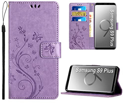Anshow Kompatibel mit Samsung Galaxy S9 Plus Hülle, Lederhülle Flip Wallet Leder Tasche Blumenmuster Klapphüllen Stoßfest Kartensteckplätzen Schutzhülle, Handyhülle für Samsung S9 Plus, Helles Lila