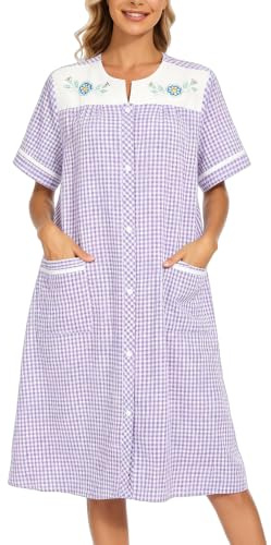 YOZLY House Dress Womens Embroidered Housecoat Short Sleeve Duster Robe with Front Pockets S-3XL, Plaid Purple, Small
