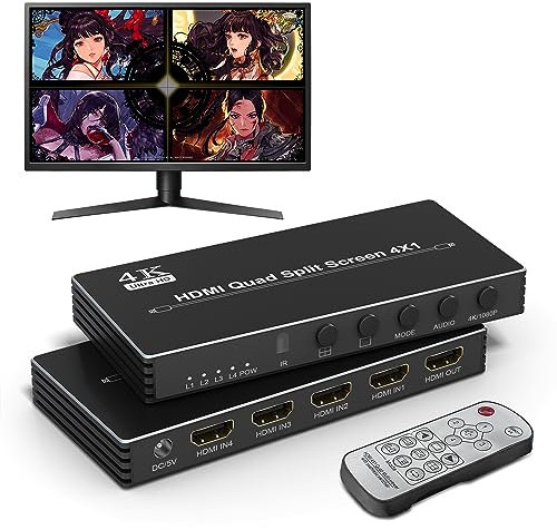 4K HDMI Multi-Viewer 4x1 HDMI Quad, HDMI Multi-Switcher 4 in 1 Out mit IR-Fernbedienung 4K@30Hz für PS4/PC/DVD