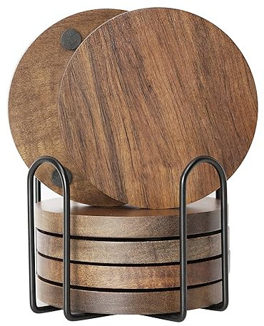 Acacia Wood Coasters for Drinks Round Coasters Set of 6, Wooden coasters with Holder for Glasses Drinkings Coffee Table Desk Tea Cups Coffee Mugs And Water Glasses Tabletop Protection