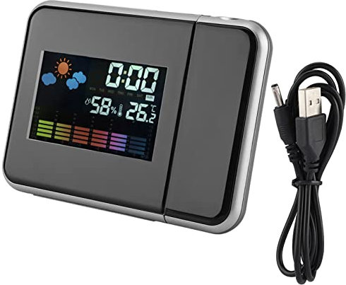 OKJHFD Digitaler LED-Wettervorhersageprojektor, Kalender, Luftfeuchtigkeitsanzeige, Wecker, Faule Elektronische Uhr, Ewiger Kalender, Wetterstation, Projektionsuhr Plus USB-Leitung(Schwarz)
