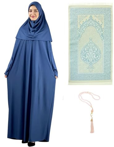 Prien Frauen Gebetskleidung Mit Hijab Gebetsperlen Gebetsteppich, Damen Muslim Kleidung, Islam Abaya Set, Ferace Tesettür Giyim, Islamische Langarm Kleid, Kopftuch, Gebetskleid Für Ramadan (Indigo)