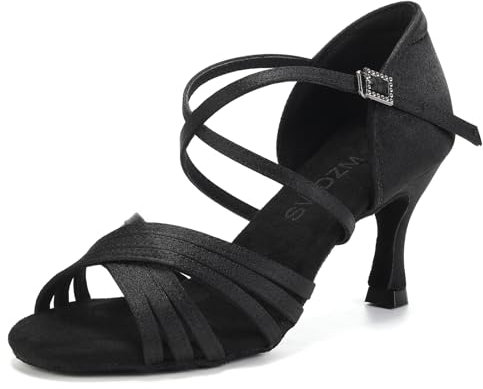 SWDZM Chaussures de Danse Latine Femme Satin Bout Ouvert de Salon Tango Valse Salsa,Noir,Talon 7.5cm,Semelle en Daim,EU 39