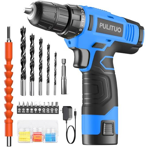 PULITUO 12V Blue Cordless Drill Set Power Drill Kit with Battery and Charger, 3/8-Inch Keyless Chuck, Built-in LED, 21+1 Torque Setting for Home Improvement