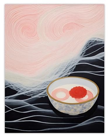 Wee Blue Coo Ramen Reflections Noodles at Sea Pink Midnight Blue Kitchen Oil Painting Extra Large XL Wall Art Poster Print