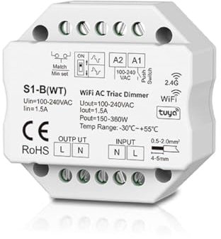 LED AC100-240V Triac Wifi Phase-Cut Dimmer, Tuya APP Voice Control 2.4GHz RF, S1-B(WT)