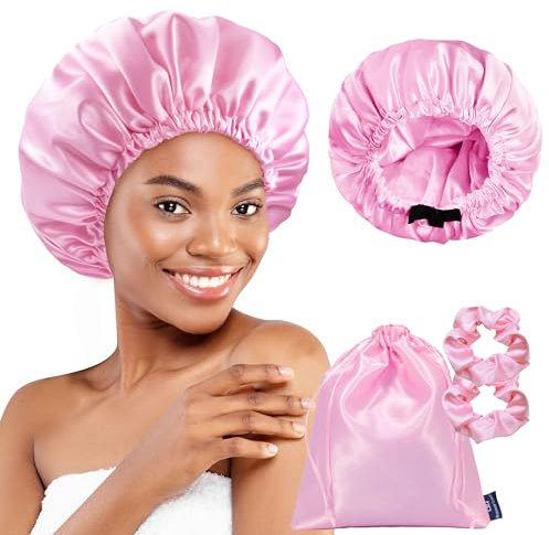 BONNET QUEEN Bonnet Satin Cheveux Nuit, Bonnet de Nuit en Soie Réversible Double Couche avec Élastique Réglable & Chouchous, Chapeau de Sommeil Femme Cheveux Bouclés, Rose