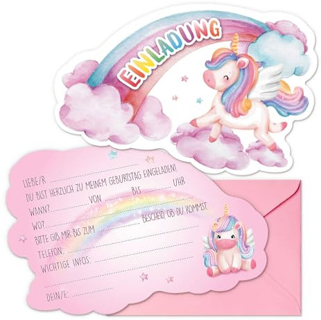 GEBETTER 12 Einhorn Regenbogen Einladungskarten zum Kindergeburtstag 14 x 9 cm Geburtstag Party Einladung Einschulung für Mädchen und Jungen Geburtstagseinladungen Kinder Geburtstagsfeier Kinderparty