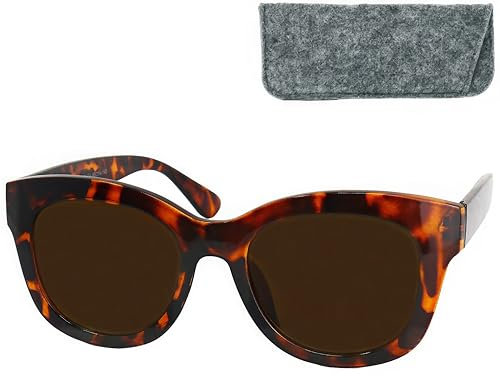 Retro Sonnenbrille mit Sehstärke, Kunststoff Dicker Rahmen (Leopardenmuster Braun) und großen Gläsern, Gratis Etui, Lesesonnenbrille Stilvolle Damen +1.0 Dioptrien