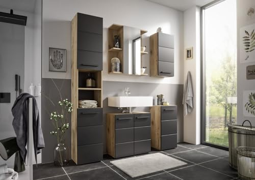 moebel-dich-auf Badezimmer Badmöbel Vail Korpus Viking Oak 5-St., Hochschrank, Spiegelschrank, Wbu, Set 1 Schwarz