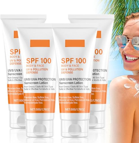 Sonnencreme LSF 100, 50g Sunscreen SPF 100, Sunscreen Lotion, Sonnenlotion mit UVA/UVB-Schutz, Feuchtigkeitsspendende, Anti-Aging Sonnencreme Für Wasserfest Für Alle Hauttypen Geeignet (4 Stück)