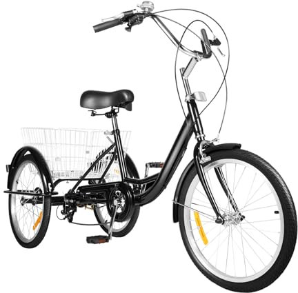 WooDerson 20 Zoll Schwarz Dreirad Fahrrad Erwachsene Aus kohlenstoffstahl, 8 Gänge, Mit Korb Raddurchmesser 50cm, Vorderen und hinteren Bremsen, Dreirad für Strände, Fahrradwege USM