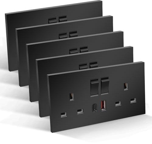 CNBINGO Double Switched Socket with 20W PD USB C and A Fast Charging Ports, Electric Power Sockets 2 Gang 13 Amp, Black PC Plate Wall Outlet, 5 Pack