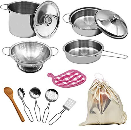 ZPZGOG 12PCS Küche Lebensmittel Kochen Zubehör,Edelstahl Pretend Kochutensilien Kochgeschirr Set Spielzeug Montessori Küche,Topf Sets für Kinder,Kleinkind Töpfe und Pfannen Spielzeug für Kind