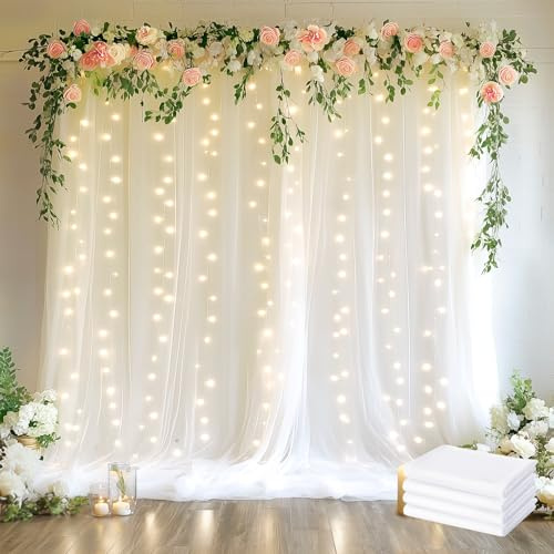 Fomcet Tüllvorhänge mit Lichterkette, weiß, 6,4 x 2,4 m, transparente Hintergrundvorhänge für Partys, Hochzeiten, Babypartys, Fotoshootings, Dekorationen (4 Paneele, 15,7 x 2,4 m)