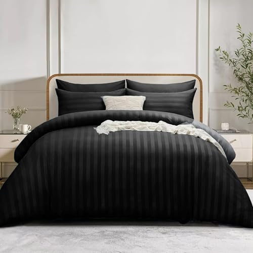 Simply Amelia King Size Duvet Cover Sets Stripes Satin Quilt Cover Bedding Sets with Pillowcases Hypoallergenic Ultra Soft Microfiber (Black, 220 x 230 cm)