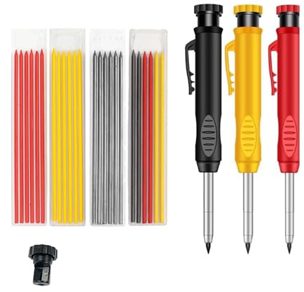 Lunpog Tischler Bleistifte Set, 3 Solide Zimmermannsbleistifte mit 24 Vielseitige Minen, druckbleistift Marker, Tieflochmarker Bleistift mit Eingebauter Spitzer für Holzbearbeitung