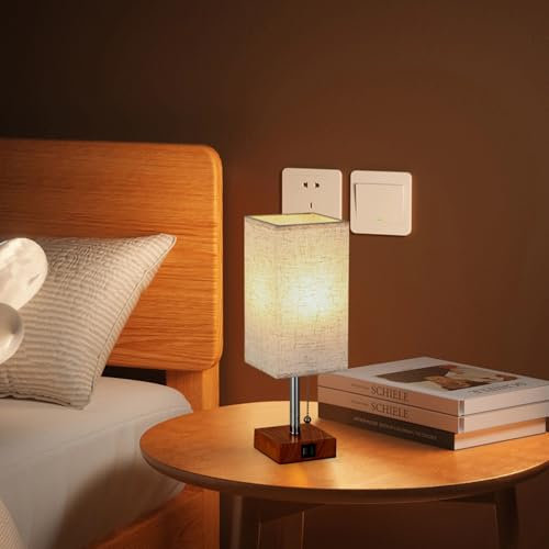 Chao Zan Nachttischlampe mit USB und C -Ladeanschlüssen,Tischlampe mit Zugschalter, E27 Glühbirne 3 Farbmodi (3000/4000/6000 K), Modern Tischleuchte Schlafzimmer, Wohnzimmer,Büro,Schreibtisch(Typ: A)