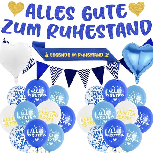 Rente Deko Set Renter Party Dekoration mit Alles Gute zum Ruhestand Banner Luftballons, Schärpe und Glitzer Wimpeln für Abschiedsfeier Renteneintritt Dekorationen (Blau Gold)
