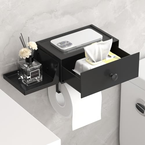 Lifewit Plastique Porte-Rouleau WC avec Tablette de Rangement et Tiroir à Visser ou à Coller au Mur, Boîte de Rangement Étanche et Lavable pour Lingettes Humides de Toilette, Noir, 1 Paquet