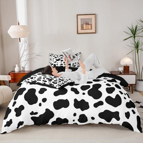 Loussiesd Juego de funda de edredón con estampado de vaca blanca y negra, tamaño King, para niños, niñas y adolescentes, juego de ropa de cama con estampado de vaca lechera, con 2 fundas de almohada,