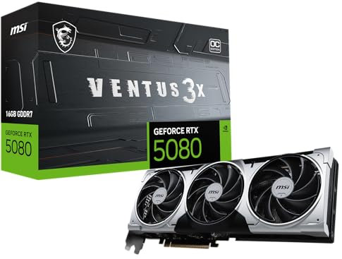MSI Carte Graphique Gaming RTX 5080 16G Ventus 3X OC Plus (16 Go GDDR7, 256 Bits, Extreme Clock TBD MHz, DisplayPort x 3 2.1a, HDMI 2.1b, Nvidia Blackwell Architecture)