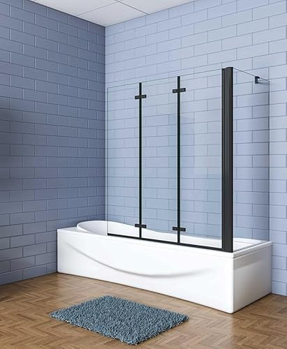 Aica Sanitär Badewannenaufsatz Eck Duschwand Badewanne 3-tlg.Faltwand mit Seitewand 6mm Nano Glas,H140cm,130x80cm,Schwarz Rahmens,Klarglas