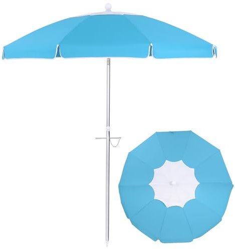 FEFLO Sonnenschirm Strand Φ 219 cm, Strandschirm Windfest Stabil, Strand Sonnenschirm UPF 50+, Faltbar Strandsonnenschirm Marktschirm, Tragbar Mit Tragetasche(Lake Blue)