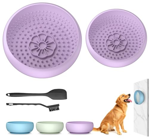 Pawinner 2PCS 2-In-1 Dog Bowl+Lick Mat for Food/Yogurt, Non-Slip Lick Bowl | Anxiety Relief, Freeze Licking Puzzle Feeder for Distraction/Bath/Groom/Train, BPA Free Silicone, 2 Size Cups Purple