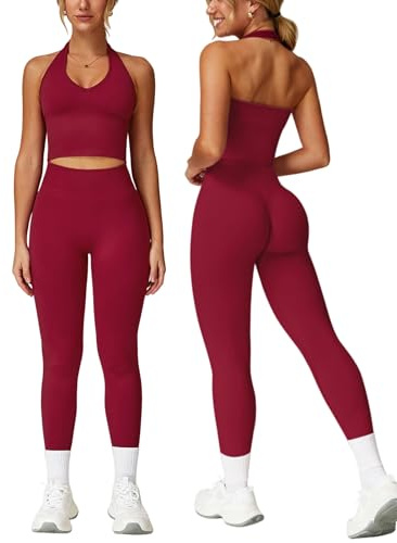 Odizli Sport Set Damen Kurz Neckholder V-Ausschnitt BH Top + High Waist Leggings Gym Fitness Outfit