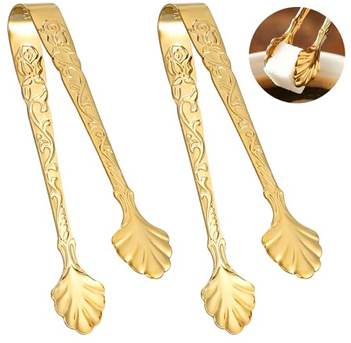 Classicseali 2 Stück Edelstahl Eiswürfelzange, Sugar Cube Tongs, 9.5cm Lang | Zuckerzange Gold Klein, Vintage Rose, Zange Candybar, Gebäckzange für Hochzeiten, Partys, Restaurants, Cafés und Bars