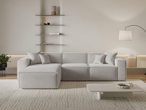 GRAINGOLD Arizona Ecksofa 265x180 cm, L-Form Sofa, Ecksofa für Wohnzimmer, Velour-Stoff, 3-Sitzer Eckcouch, Modernes Design (Grau, Links)