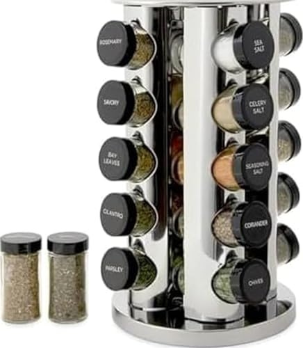 Kamenstein 20 Jar Revolving Countertop Spice Rack with Spices Included, FREE Spice Refills for 5 Years, Polished Stainless Steel with Black Caps, 30020