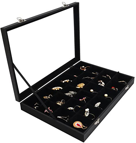 Belle Vous Jewelry Organizer Schmuckkasten Schwarz, Samt Box Glas Deckel & 24 Fächer – Schmuckaufbewahrung Stapelbar Schmuckschatulle Schubladen Verstellbar für Ringe, Ketten, Armband, Ohrringe, Uhren
