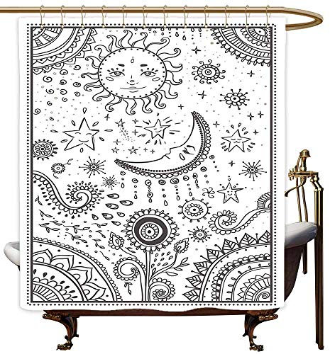 SKDSArts Rideau de douche pour salle de bain motif soleil et lune à paillettes, motif oriental mandala, croissant de lune, tourbillon floral, ciel tribal ethnique, noir et blanc, 183 x 183 cm (l x L),