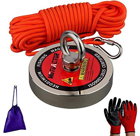 MUTUACTOR 500 kg Neodym Pull-Force Angelmagnet, N52 Leistungsstarker Erinnerungsmagnet mit strapazierfähigem Seil, Handschuhen und Tragetasche, Robuster magnetischer Bergungsmagnet für die Schatzsuche