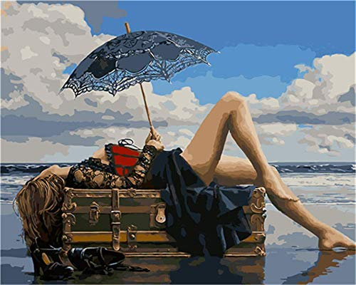 YEESAM ART DIY Ölgemälde Malen nach Zahlen Erwachsene Kinder, Schönheit Mädchen am Strand nahe dem Meer Zahlenmalerei ab 5 Öl Wandkunst