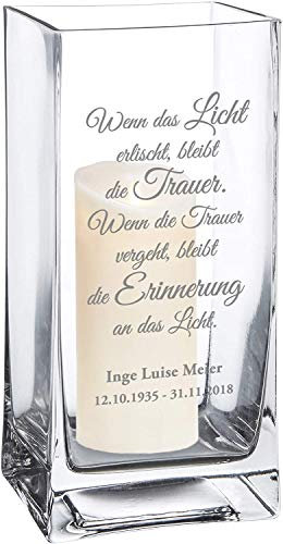 Blumenvase mit Trauerspruch zum Trost, Personalisiert mit Name und Datum, Gravierte Glasvase als Trauergeschenk