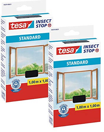 tesa Insect Stop Standard Fliegengitter für Fenster - Insektenschutz zuschneidbar - Mückenschutz ohne Bohren (2er Pack/Anthrazit (Durchsichtig), 1m:1m)