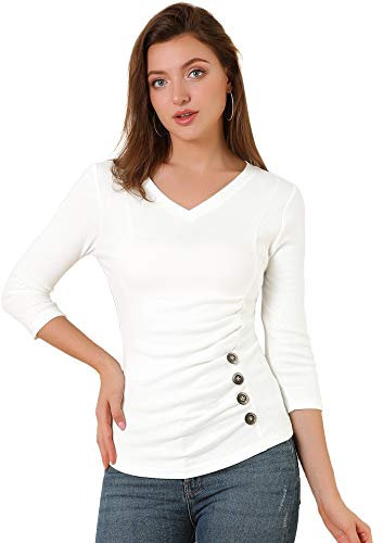 Allegra K Women's V Neck Blouse 3/4 Sleeves Solid Knitted Buttons Decor Ruched Top White 20