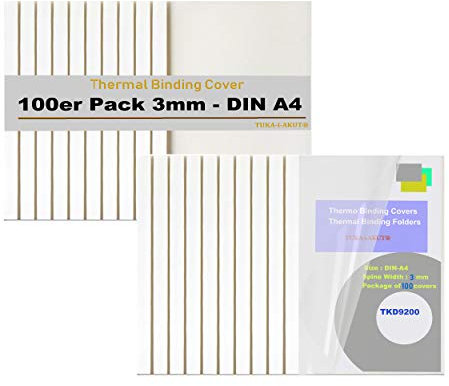 TUKA 100x 3mm Couverture de Reliure Thermique, A4 Chemises pour Machines de Relieuse Thermique, Largeur de Dos 3 mm - Capacité 30 Feuilles, Paquet de 100, Couleur Blanche TKD9200-A4-white-100x